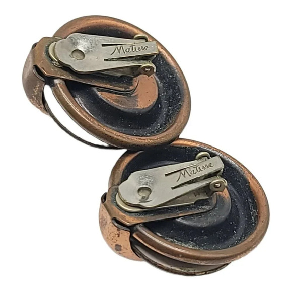 Matisse Renoir Copper Circle Clip On Earrings White Enamel Vintage Mid Century - Picture 4 of 4